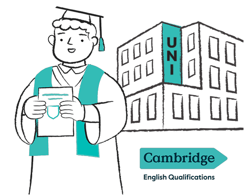 Illustration: Higher Education Graduate next to the Cambridge English Qualifications logo