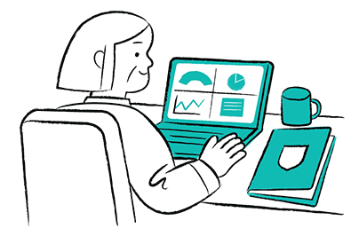 Illustration: A woman sitting at a laptop looking at data. The Cambridge shield on a brochure beside her