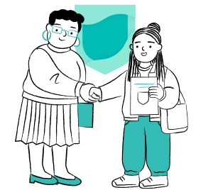 Illustration: English language learner shaking hands with a teacher next to the Cambridge shield