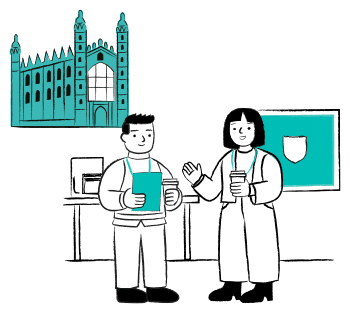 Illustration: Researchers in front of Cambridge University