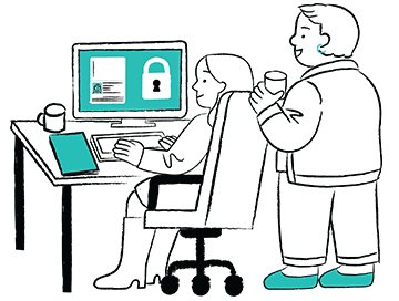 Illustration: Working at a computer with secure visual. Colleague watching.