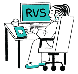 Illustration: A young lady sitting at the computer smiling with RVS on screen